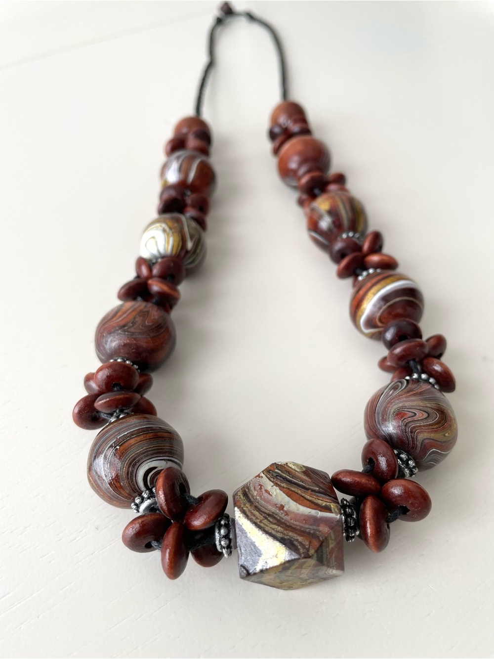 Vintage boho chunky painted polished wood beaded necklace